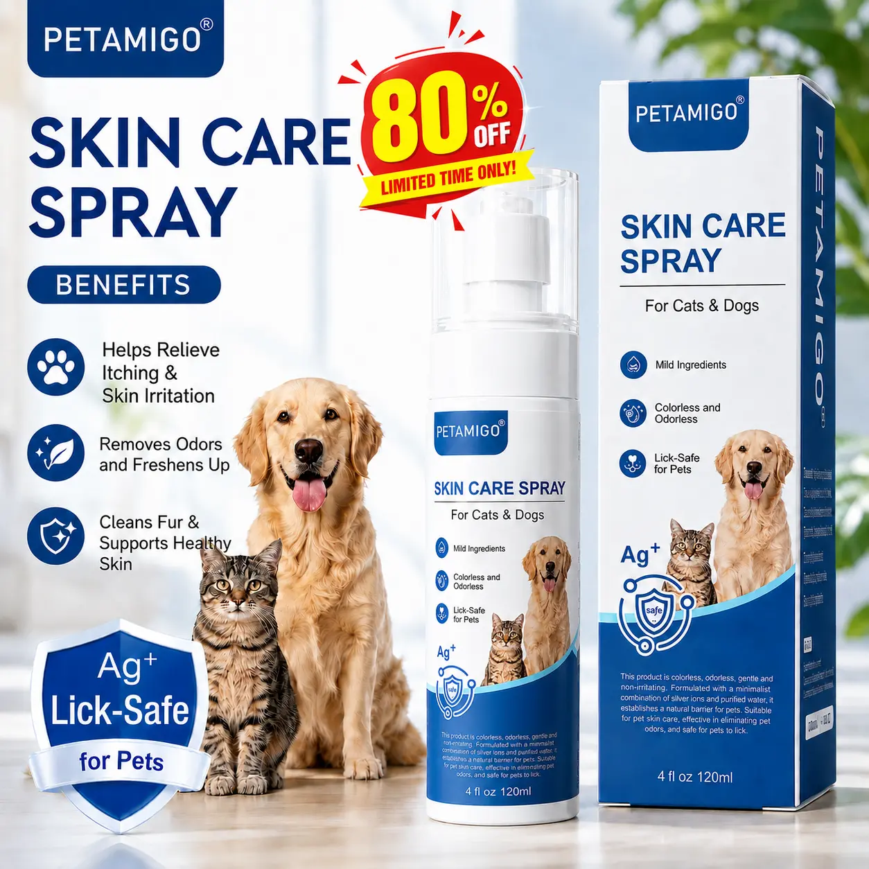 Relieve Scratching, Dermatitis & Hot Spots,Eliminate Bacterial Odor-PETAMIGO Dog & Cat Skin Care Deodorizer Spray, Silver Ions Gentle Lick-Safe Formula,Cleans Fur, Builds Natural Skin Barrier(60 ml &120 ml ,Purified Water-Based) treatmentspray petskin, Sp