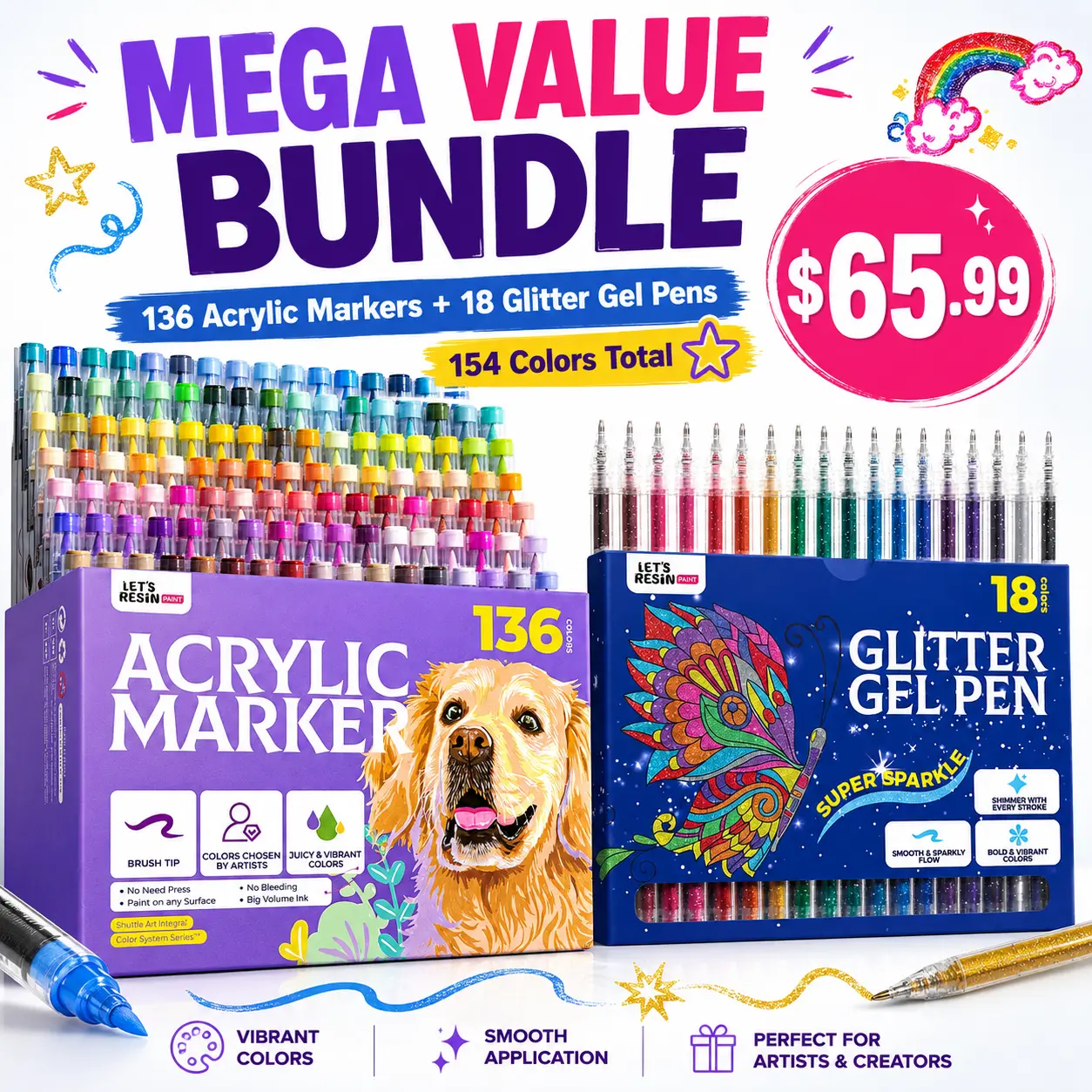 LET'S RESIN 136-Color Acrylic Paint Markers Set, Brush Tip Water-Based Paint Pens, Back to School Art Supplies, Student & Teacher Classroom Essentials, Large Art Marker & Creative Craft Kit for Coloring, Drawing, Canvas Art & DIY Projects