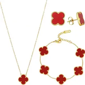 Red Set Stainless Steel 18k Gold Plated Necklace Earrings & Bracelet Jewelry Set with Red Floral Design