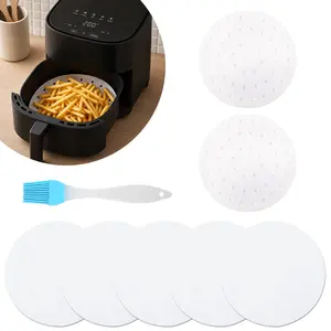 5 Pack 10.24 inch Reusable Round Silicone Steamer Liners Non-stick Silicone Steamer Mesh Mat Pad Dim Sum Mesh for Home Kitchen Restaurant, Come with 200 Air Fryer Liners and 1 Brush