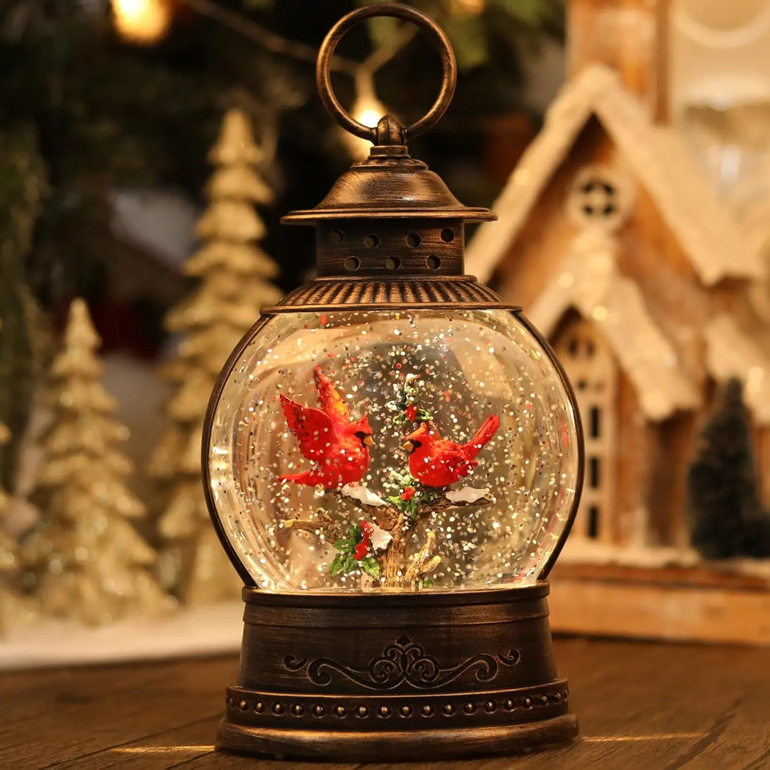 Magical Hand-Carved Details Modern LED Mood Light Christmas Snow Globe Cardinal - Lighted Lantern, Musical Decor, 6H Timer, USB-Powered, Glitter, Indoor Festive Home Gift & Party Decoration