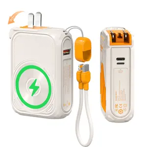 P05 Portable Charger, Magnetic Power Bank, Small Wireless PowerBank, Battery Pack10000mAh Travel Essentials Fast Charging With Built in Cable, Foldable Wall Plug for iPhone,Samsung,Andriod  Folding Chargeable Smartphone power bank