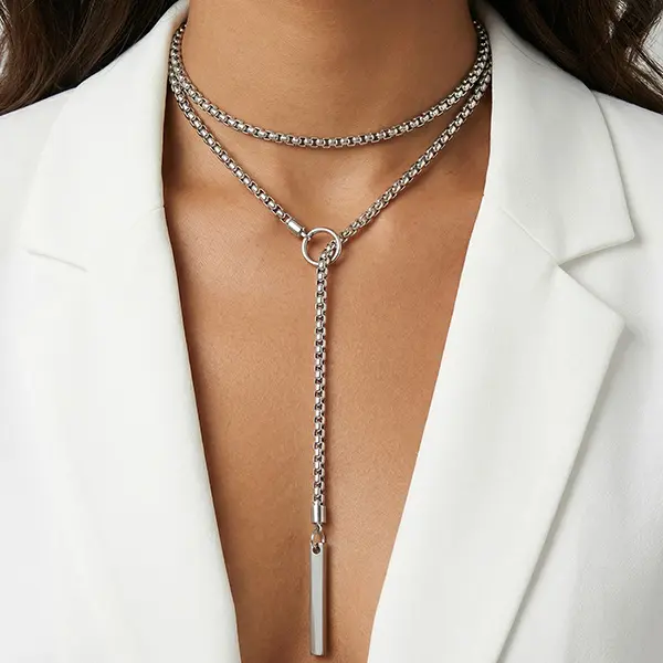 1PC Minimalist Layered Lariat Bar Necklace, Silver-Tone Box Chain, Vertical Bar Drop Y-Necklace, Edgy Modern Jewelry for Women, Perfect for Office Wear, Date Nights, Birthday & Graduation Gifts