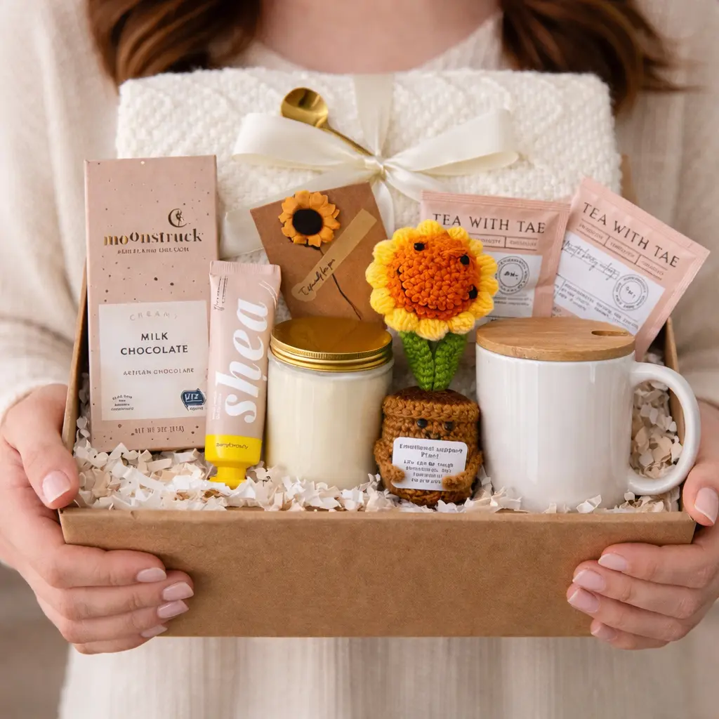 Taniri Bamboo Luxury Emotional Support Gift Box - Adult Gift-Ready Set for Housewarming, New Year's Eve, Get Well Soon, Female Friends; Cozy Self-Care Kit with Sunflower Plush, Ceramic Mug, Candle, Chocolate, Hand Cream, Tea, Knit Blanket