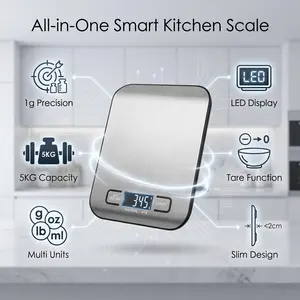 Digital Kitchen Scale 1g High Precision 5KG Food Scale for Baking Cooking Meal Prep Coffee Weight Loss Stainless Steel LED Display for Home Bakers