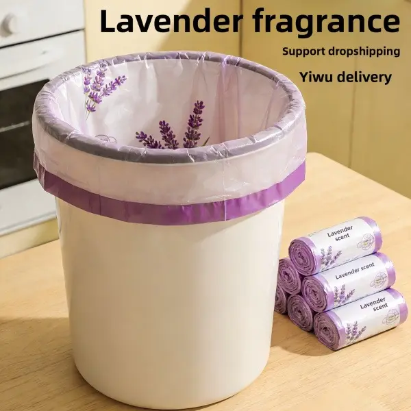 100PCS Lavender Scent Drawstring Trash Bags, Thick Leakproof Tear Resistant HDPE Scented Garbage Bags, Easy Pull Out Design Automatic Seal Disposable Bin Liners for Kitchen Bathroom Home Office