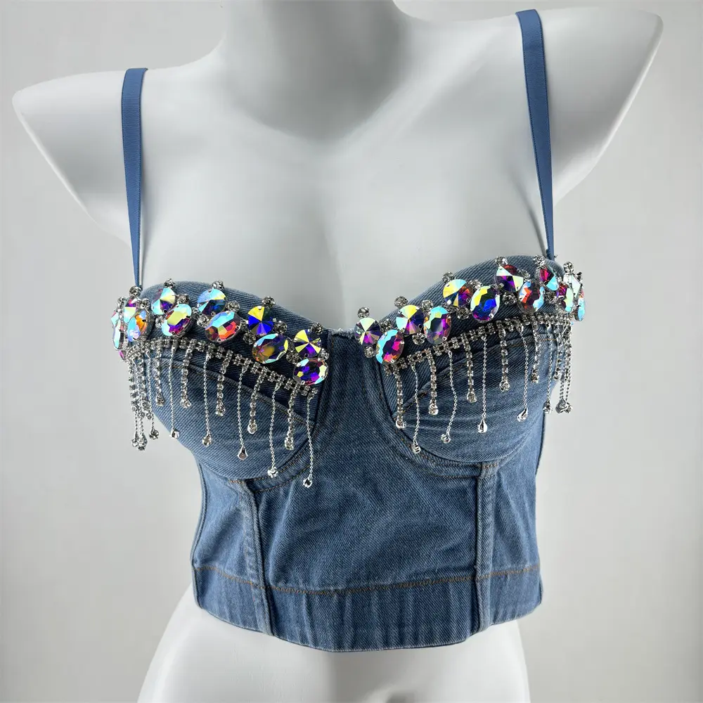 Women's Short Rhinestone Tassel Denim Corset Top - Sexy Backless Fishbone Party Top with Adjustable Strap