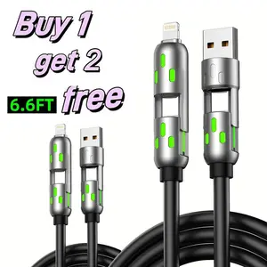 [Buy 1 Get 2 Free]4-in-1 6.6ft Multi USB Charging Cable with Breathing Light,USB A,USB A,Type C,Lightning-MAX65W Fast Charging & Data Sync for iPhone16/15.