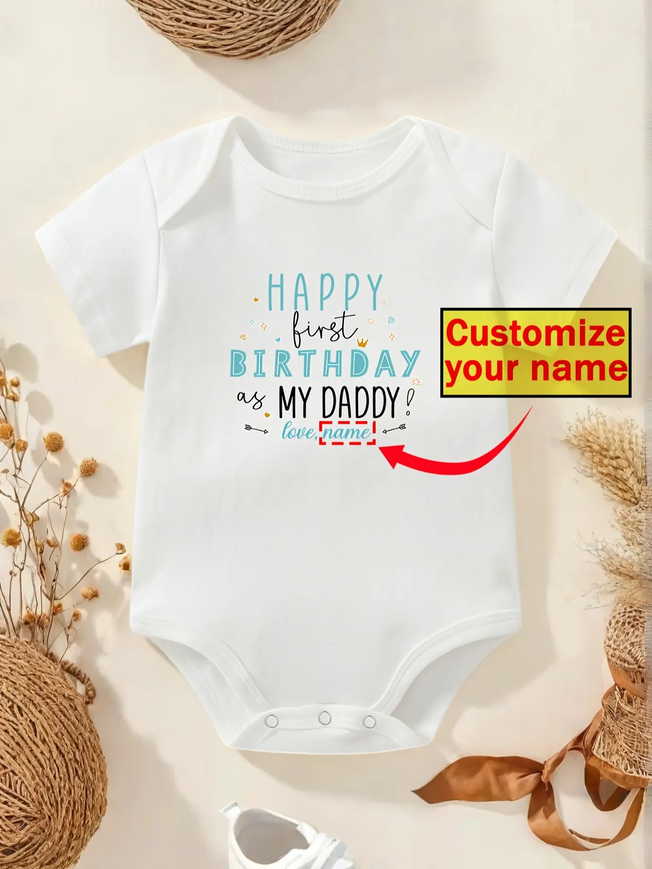 Custom Name Short‑Sleeve Baby Bodysuit, Happy First Birthday As My Daddy Personalized Printed Soft Cotton Infant Onesie