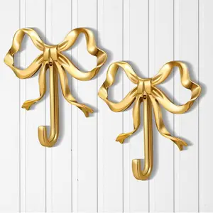 2pcs Vintage Golden Bow Knot Wall/Door Hooks - Home Organiser for Coats Hats Bags - Decorative for Bathroom Living Room - Easy Screw Installation - Ideal Housewarming Gift