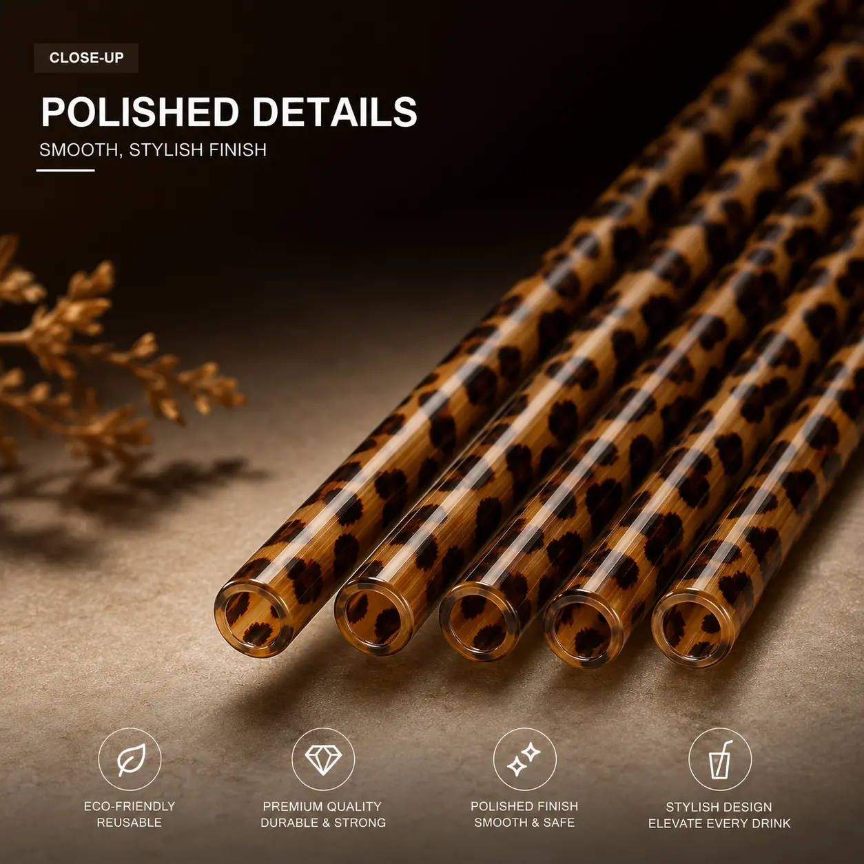 Leopard Print Reusable Glass Straw Combo with Cleaning Brushes - 20/40/60 PCS Straight Drink Utensils for Tumblers, Iced Coffee - Cocktail Accessories, Home Bar Utensils
