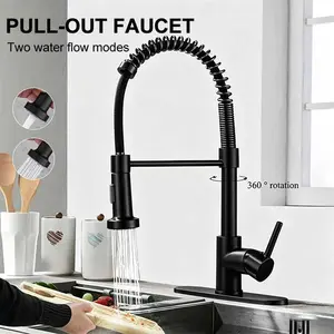 Black Modern High Arc Kitchen Faucet, Commercial Single Handle Classic Spring Pull-Down Sprayer, 1-Hole Dual Function Tap for Farmhouse, Camper Sink Use, High Arc Faucet, Modern Kitchen Faucet