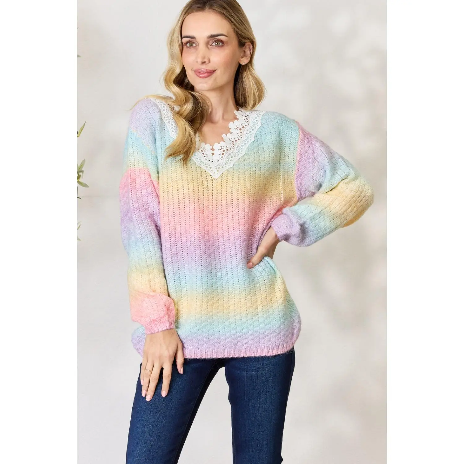 Rainbow Gradient Crochet Deetail Sweater