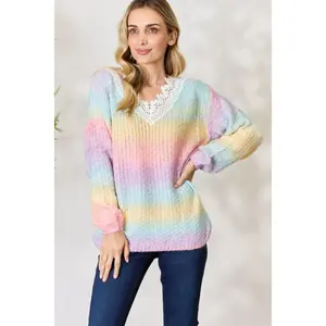 Rainbow Gradient Crochet Deetail Sweater