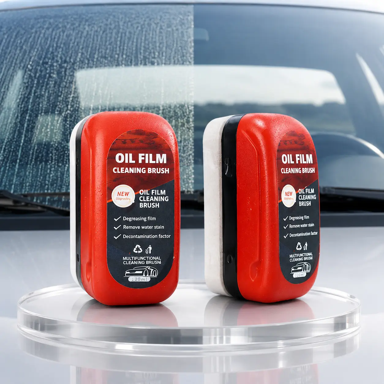 2/4 Pack Car Windshield Oil Film Cleaning Brush, 120ml Automotive Glass Cleaner with Built-in Sponge Applicator, Hydrophobic Oil Film Remover for Windshield, Windows, Mirrors, and Auto Glass