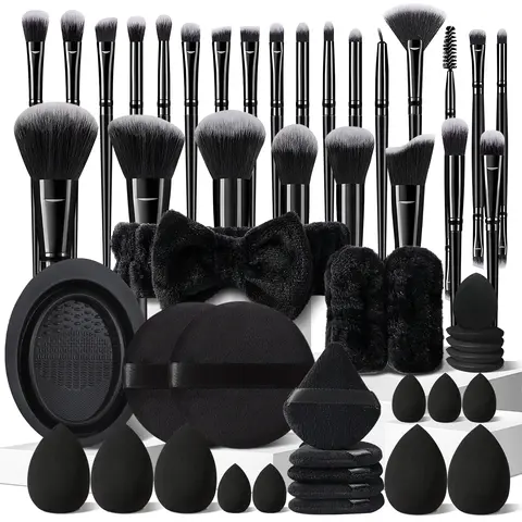 Unisex 51Pcs Black Cosmetic Full 51-Tool Kit - 25Pcs Premium Nylon Bristles for Foundation, Powder, Concealer, Eye Shadow, Blush, Plus Cleaning Tool, Headband, Wristbands, Sponges, Puffs - Professional Beauty Routine Use