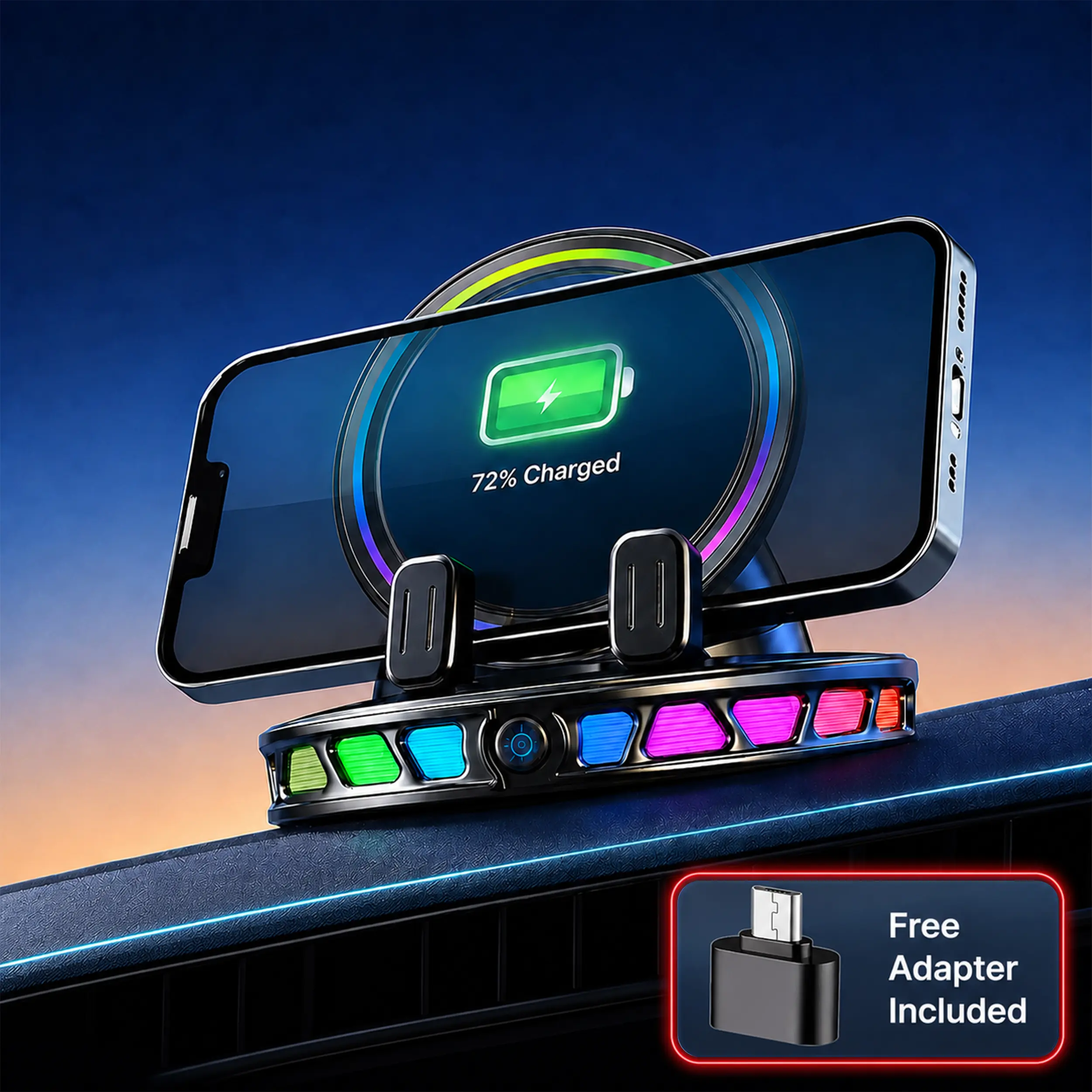 15W Wireless Charging Car Phone Mount with RGB Ambient Light, 360° Rotating Dashboard Holder with Strong Adhesive Base & Auto Lock for iPhone Android
