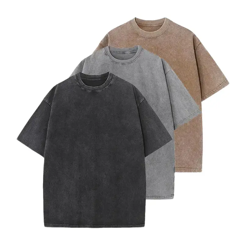 Men's 3-Pack Classic Distressed Washed Pure Cotton Oversized Short Sleeve Crew Neck Casual Street Style T-Shirts Set - Drop-Shoulder Fit, Layer-Ready Tee, Vintage Wash, Retro, Soft, Textured, Plain, Skin-Friendly, Machine Washable, 2XL