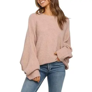 Womens Oversized Crewneck Sweater Batwing Puff Long Sleeve Cable Slouchy Pullover Jumper Tops