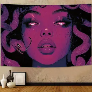 1Pc Cyberpunk Girl With Snake Design Tapestry - Vibrant Purple Wall Hanging, Soft Peach Skin Fabric, Hand-Stitched Edges, Elegant Home Decor For Living Room, Bedroom, Dorm, Or Party Gift Vintageroomdecor
