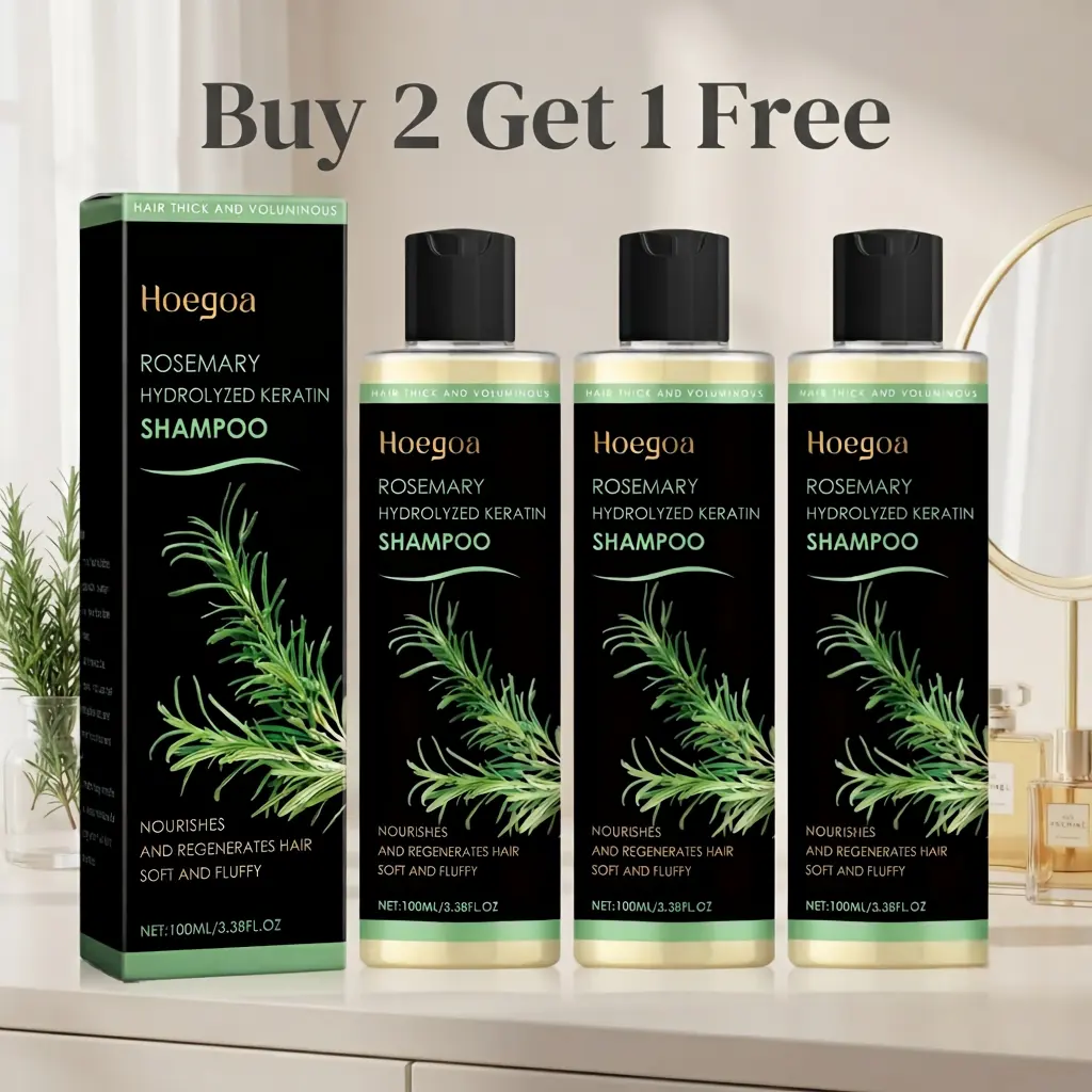 Hoegoa Buy 2 Get 1 Free Rosemary Hair Growth Shampoo 3 Pack, Hydrolyzed Keratin & Vitamin C Formula, Thickening Volumizing Treatment to Strengthen Thinning Weak Hair, Nourish Soft Fluffy Hair for All Genders