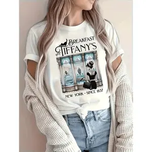 New York Since 1837 Breakfast at Tiffanys Alphabet Print TShirt Casual Crew Neck Short Sleeve WomenS Clothing Perfect for Spring and Summer