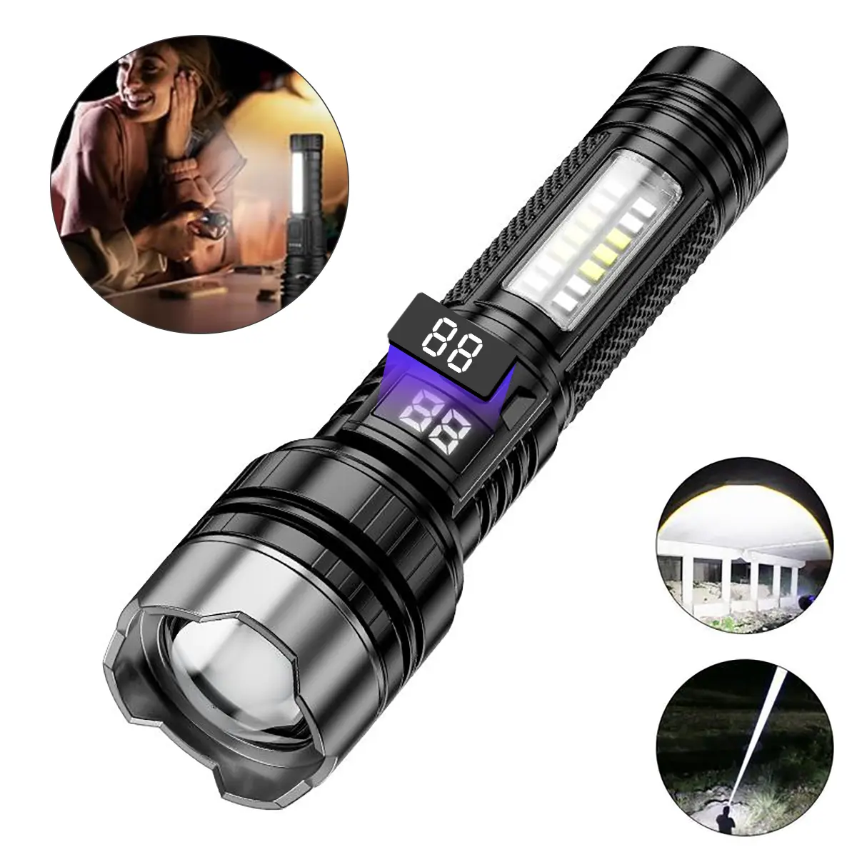 Multifunctional Rechargeable High-Lumens LED Flashlight - 5 Modes, Zoomable, LCD Digital Display, Adjustable Tactical, Portable Flashlights for Emergency Home, Hiking, Camping