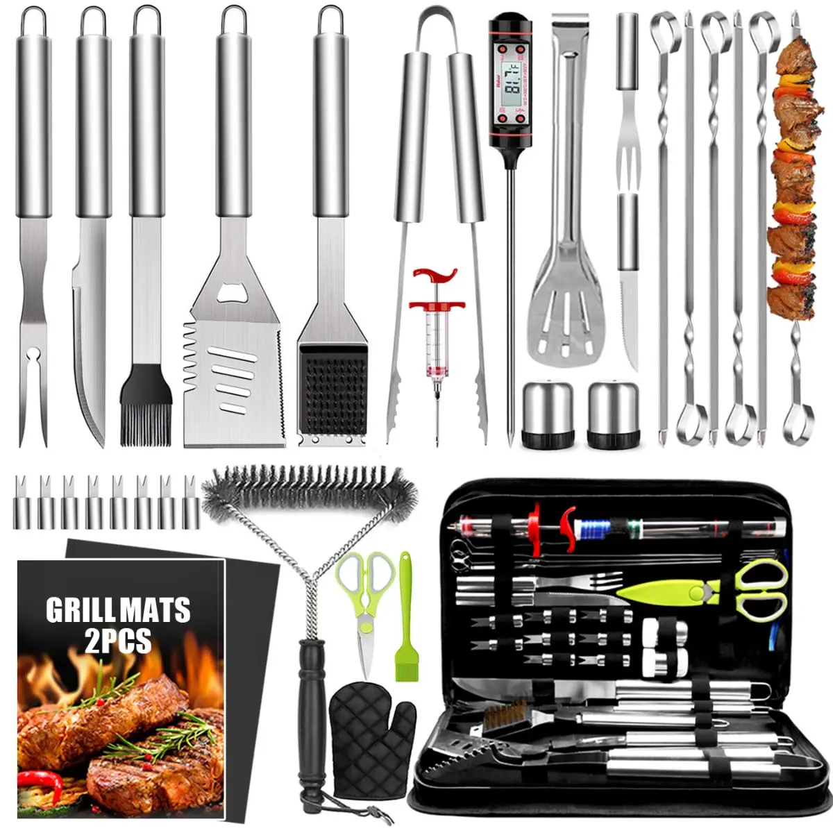 34Pcs 16" Stainless Steel Grilling Tools Set with Portable Carry Bag, Thermometer, Grill Mats for Camping & Barbecue, Kitchenware Utensils