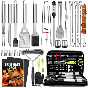 34Pcs 16" Stainless Steel Grilling Tools Set with Portable Carry Bag, Thermometer, Grill Mats for Camping & Barbecue, Kitchenware Utensils