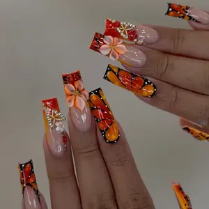 Tropical Vacation DIY Nail Art Designs, Butterfly Texture with Flower Decorations, Detachable Press-On Nails for Women, Party and Music Festival