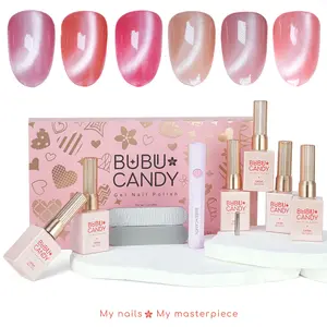 Exclusive to milymanny BUBU CANDY Cherry Blossom & Snow Aurora Cat Eye Gel Nail Polish Set, 6PCS 15ML Pink Magnetic UV Gel with LED Lamp, Soak Off Gel for Home DIY Manicure #summervibes