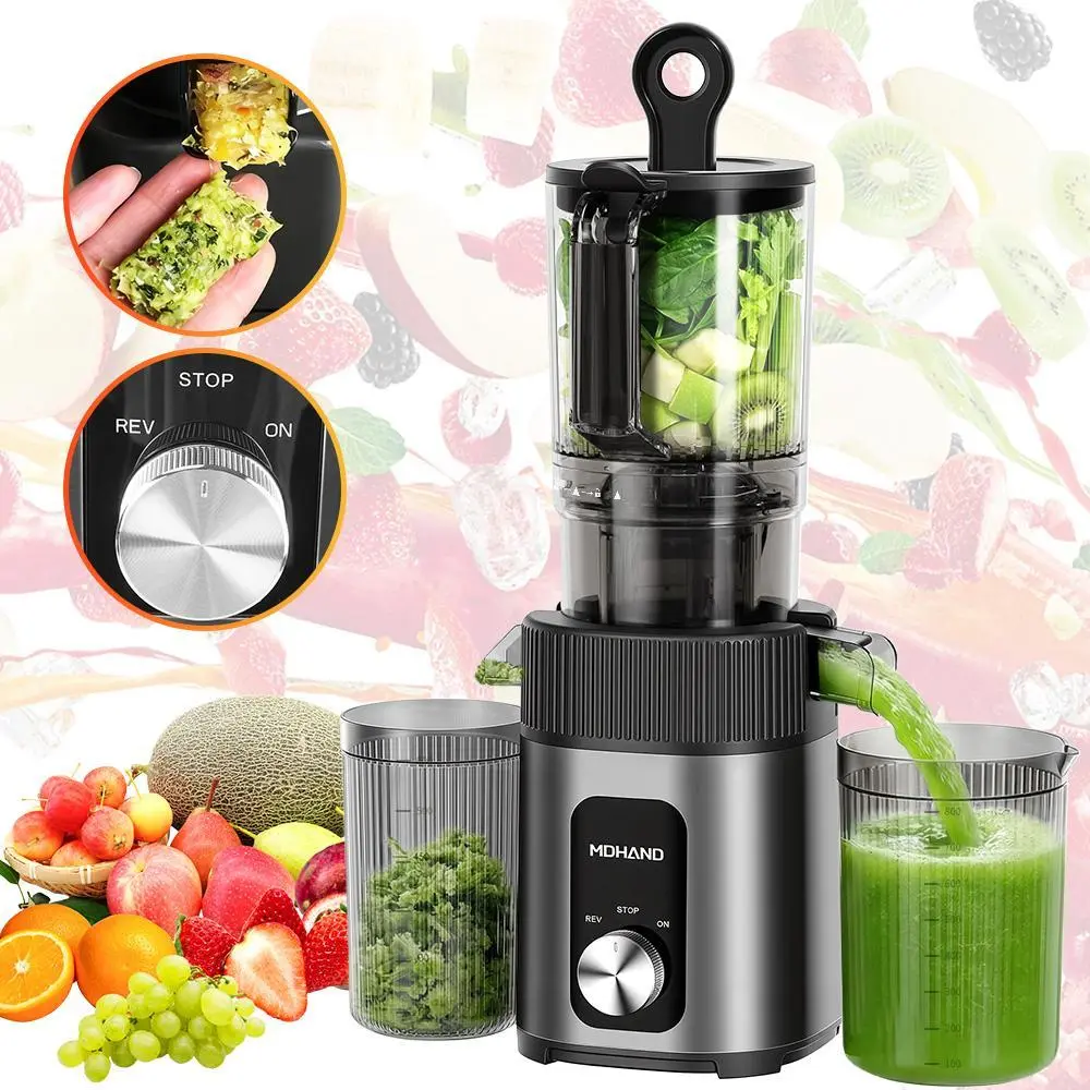 【BackToSchool】200W Cold Press Slow Juicer with DC Motor, 112mm Large Feed Chute, 60 RPM Low Speed Juice Extractor, Reverse Function, 800ml Capacity, Easy to Clean Stainless Steel Housing