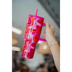 Hot Pink Retro Swirl Tumbler with Handle