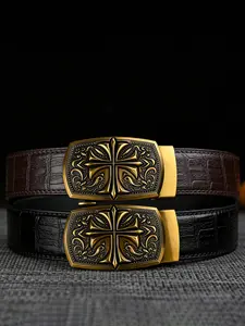 Retro floral alloy automatic buckle, luxury brand men's and women's belt, Western belt, Waist Belt, 1.38in/3.5cm wide crocodile embossed, length can be cut, easy to adjust automatic buckle, suitable for weddings, banquets, work, daily life