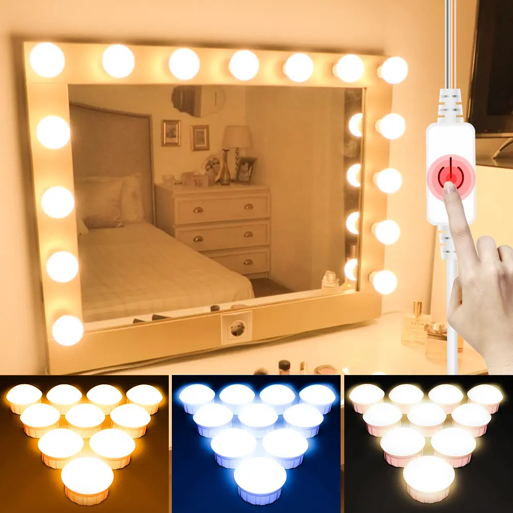 Hollywood LED Lady Make Up Light Touch Stepless Dimmable USB 5V 3Colors Adjustable Brightness Dressing Table Bedroom Wall Lamp Cloakroom Eye Protection No Flicker Mirror Cabinet Lighting Warm/Cool/Natural White 2/6/10/14Bulbs