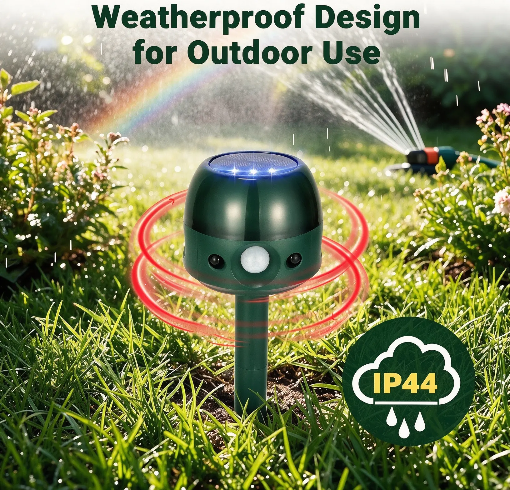 Outdoor Solar-Powered Ultrasonic Animal Repeller - 5 Modes, IP44 Rated, PIR Sensor, Waterproof Rodent Control Device for Raccoons, Deer