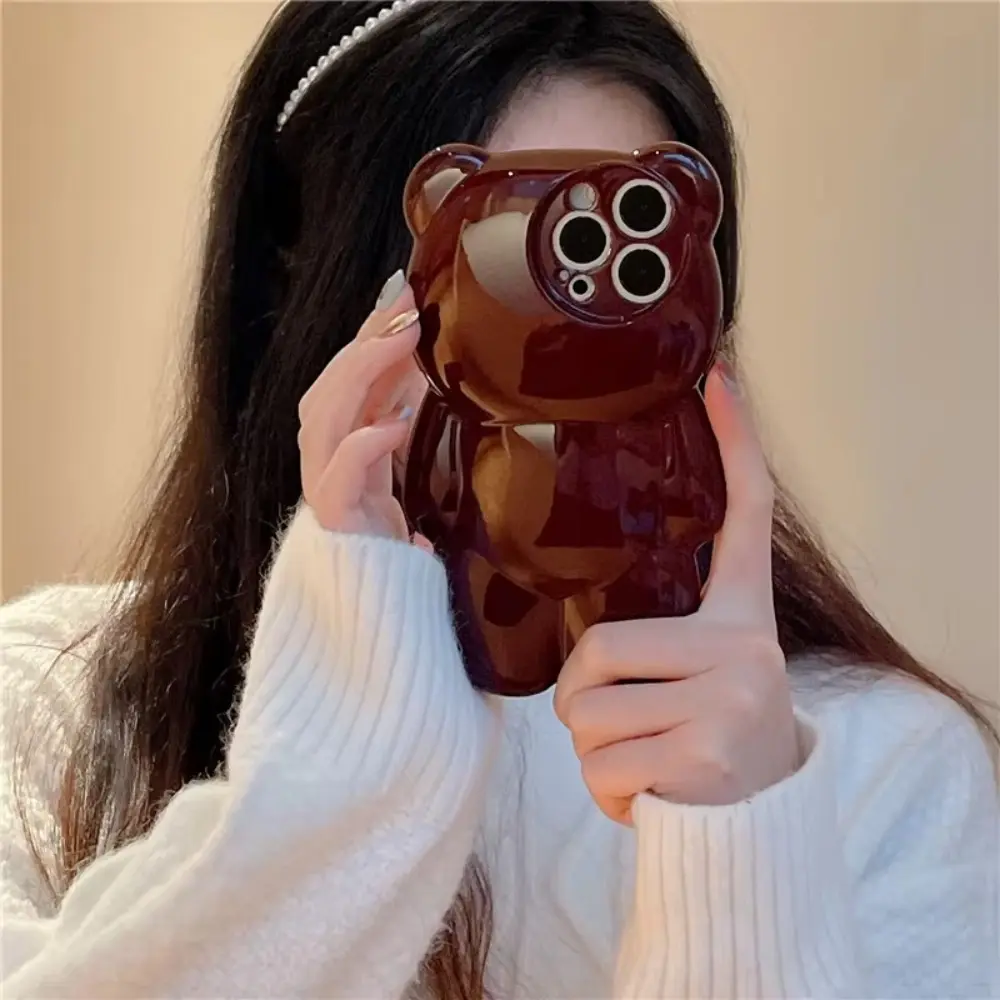 Cute Solid-color Cartoon Bear Smartphone Cellphone Case Silicone Back Cover Accessories for iPhone 16 15 14 Plus 13 12 Pro Max 11 Full-coverage 3D Shockproof Protective Case Protection Thickened Soft Cover
