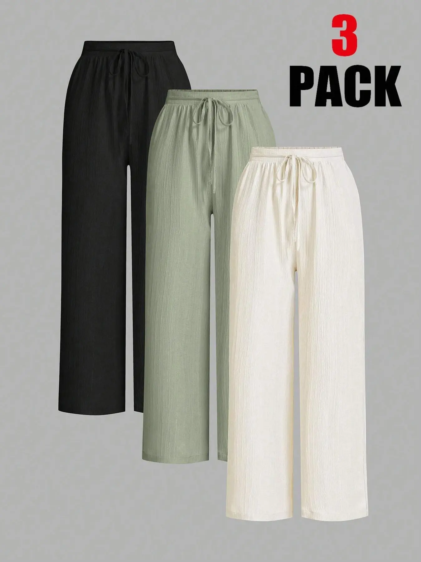 3-Pack Women's Solid Wide Leg Loose-Fit Casual Pants, All-Season Adjustable Waist-Tied Long Trousers, Home, Commute, Leisure