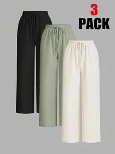 3-Pack Women's Solid Color Waist-Tied Adjustable Wide Leg Loose Fit Casual Womenswear Pants, Versatile for Home, Commute, Shopping, All Seasons