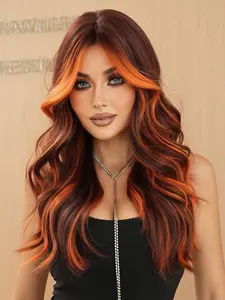 26 Inch Long Body Wavy Pre Styled Synthetic Hair Wig for Women, Natural Looking Gorgeous Fluffy Synthetic Fiber Wavy Texture Wig with Curtain Bangs, Full Machine Highlight Loose Wave Wig for Party, Daily Use, Highlight Brown Wig, Synthetic Material Wigs