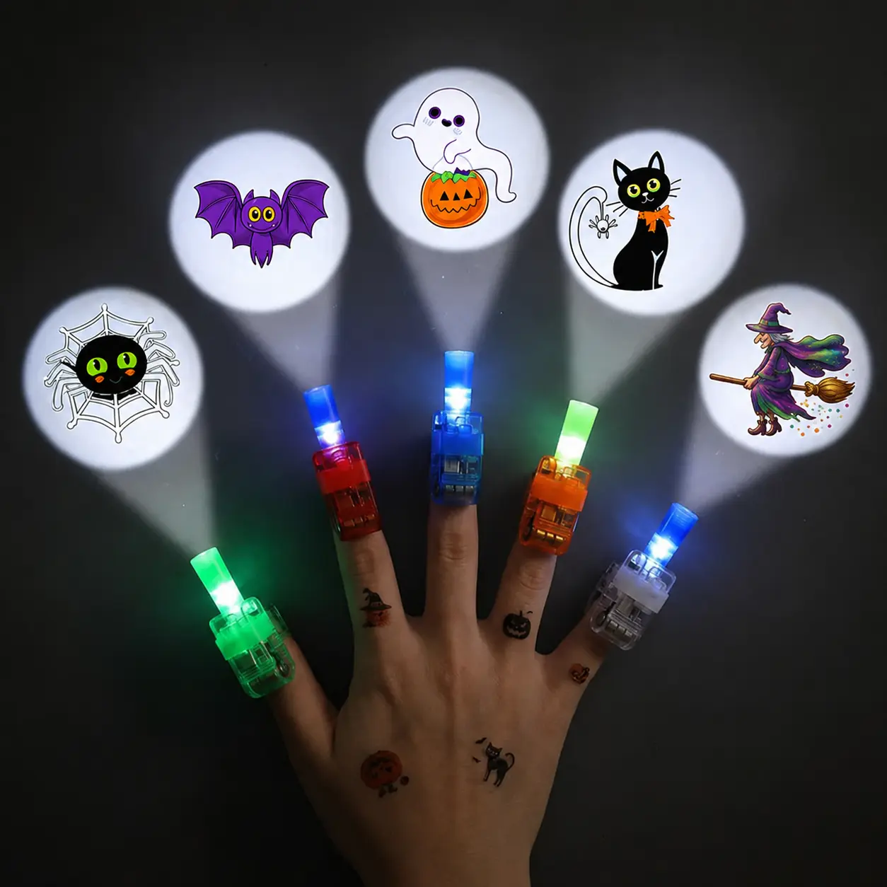 Halloween Finger Projector Rings, 6-Pattern LED Light-Up Finger Toys with Elastic Bands, Spooky Projection Party Favors for Kids, Trick-or-Treat Goodie Bag Fillers & Halloween Party Supplies
