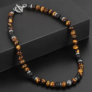 Men's 8mm Natural Tiger Eye Lava Bead Necklace Stainless Steel Toggle 18/20/24" fathersdaygifts Black Onyx