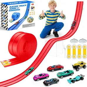Flex Tracks Race Car Track Set Flexible Race Car Track for Kids Toy with 10 Suction Cups, Rolls Up Portable Racetrack Compatible with Hot Wheels & Diecast 1/64th Cars