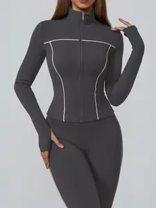 Women's Casual Sportswear Set, Thumb Hole Sports Jacket & Tight Pants, Colorblock Stitching Design, Full Zip Closure, Ideal for Fitness, Yoga, Running, Yoga Tracksuit Set