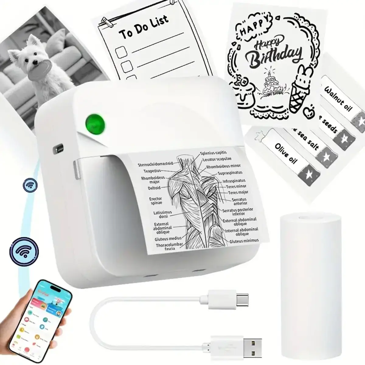 Portable Mini Printer, Thermal Pocket Printer, Thermal Inkless Sticker Maker, Inkless Label Printer with 5 Rolls of Color Stickers, Suitable For Photos, Diaries, Notes, And Memos, Compatible with iOS & Android, Portable Thermal Printers