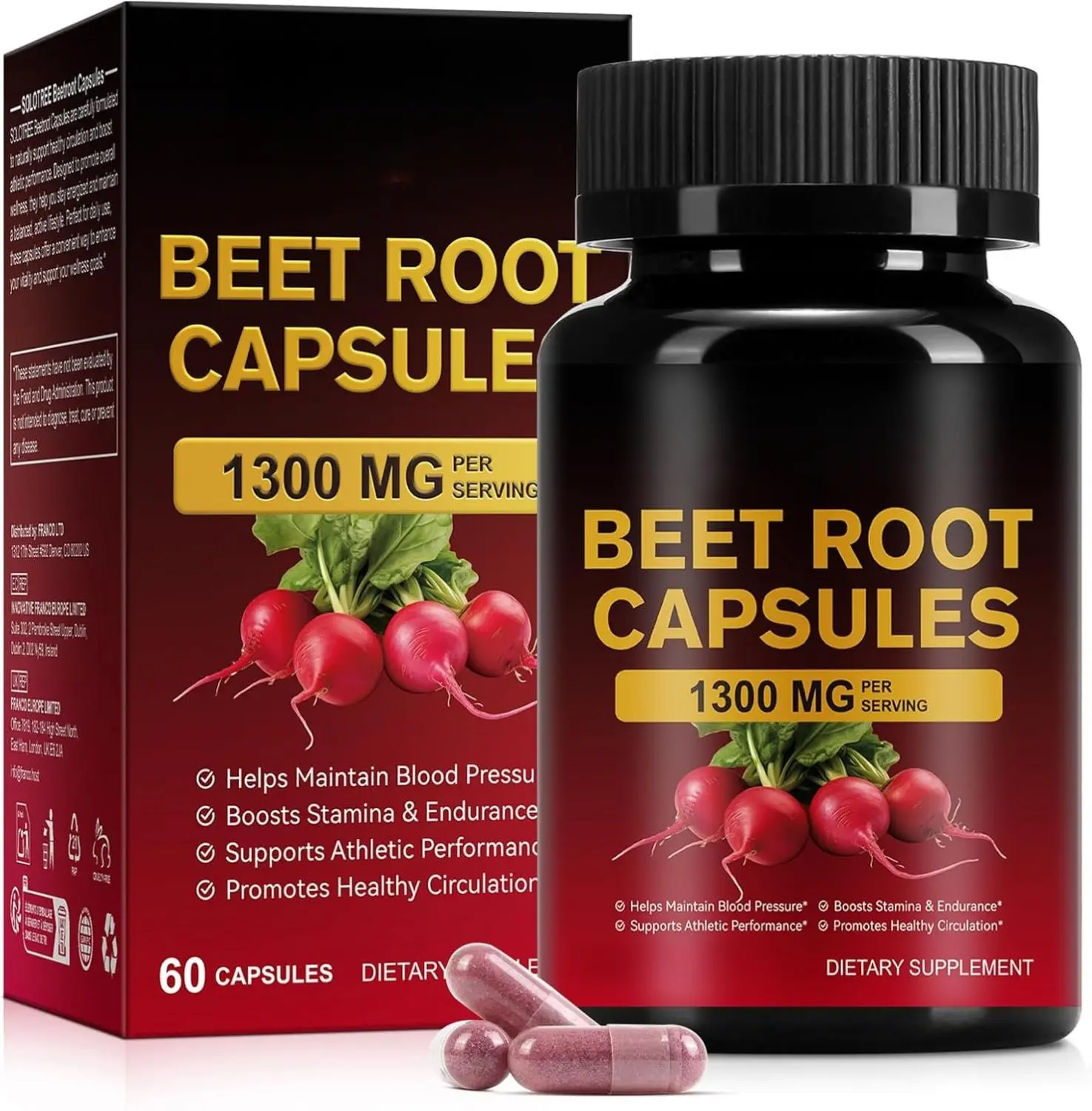 Natural Beet Root Capsules 1300mg - Non-GMO Vegan Herbal Supplement Supports Fitness Wellness, Circulation, Energy, Stamina - 60 Beet Extract Capsules, Dietary