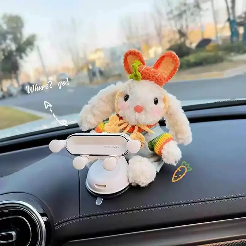 Bunny Fabric Memory Foam Car Phone Holder, Universal Dashboard Suction Navigation Mount, Center Console Decor, Girly Accessories for Car Gift for Women