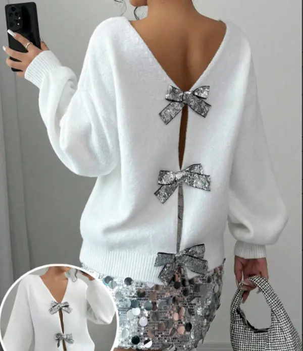 Women's Sequin Bowknot Back Sweater - Chic Casual Imitation Cashmere Sheer Knit Pullover Top with Back Embellishment for Autumn Wear, Style, Sequins, Elegance