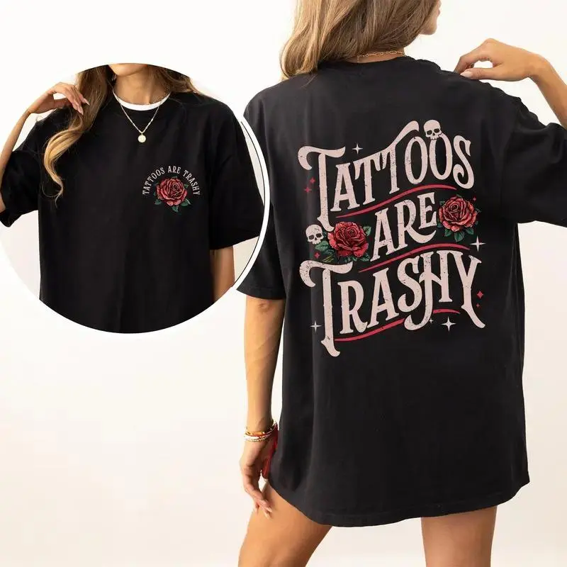 Women's Cotton Oversized Printed Graphic Tee - Vintage Rose Tattoo Print, Retro Floral Aesthetic, Soft Breathable Short-Sleeve Crewneck Apparel, Checked Fabric, Casual Wear for Tattoo Lovers