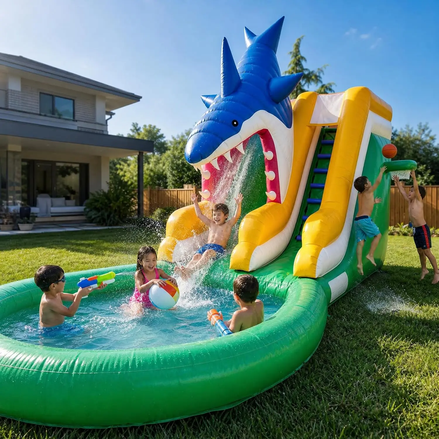 26FT Inflatable Water Slide – 1M Wide Slide, Climbing Steps with Water Hose, Handles, Enclosed Netting & Basketball Set – Heavy Duty PVC Outdoor Water Park for Backyard, Summer Party 2a1